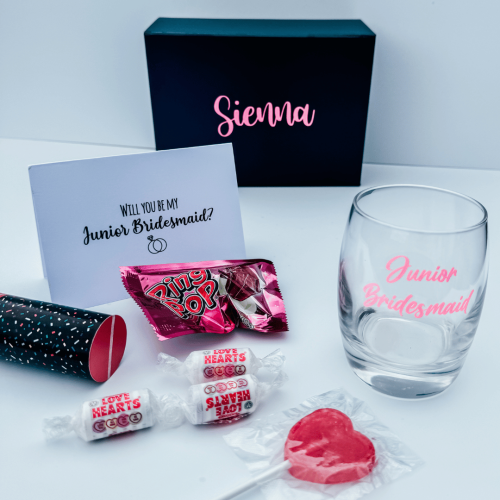 cute junior bridesmaid proposal set with sweets and card