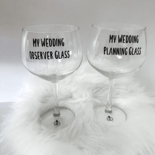 Wedding Planning Gin Glasses | Engagement Gift | Engagement gift gin glasses reading wedding planning and observer
