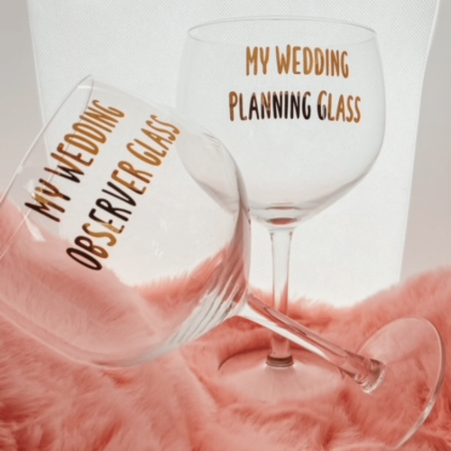Wedding Planning Gin Glasses | Wedding planning gin glasses with humorous text on pink background