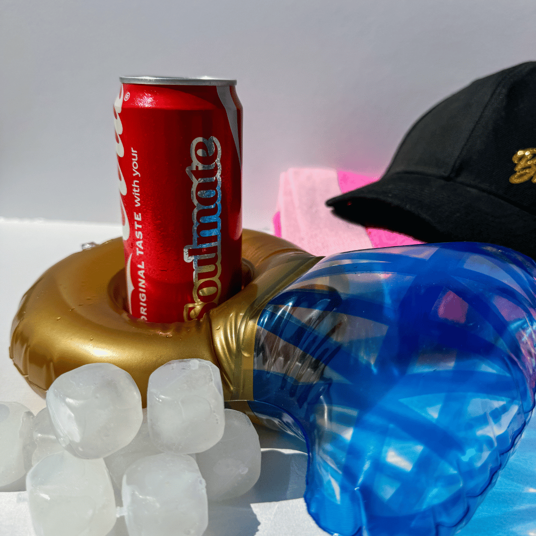 Fun hen party abroad gift idea for brides featuring bride sunglasses and inflatable drink holder