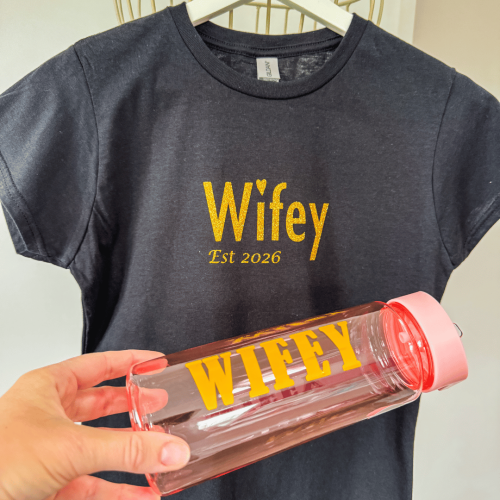 Wifey bride gift box with t-shirt and water bottle wedding present