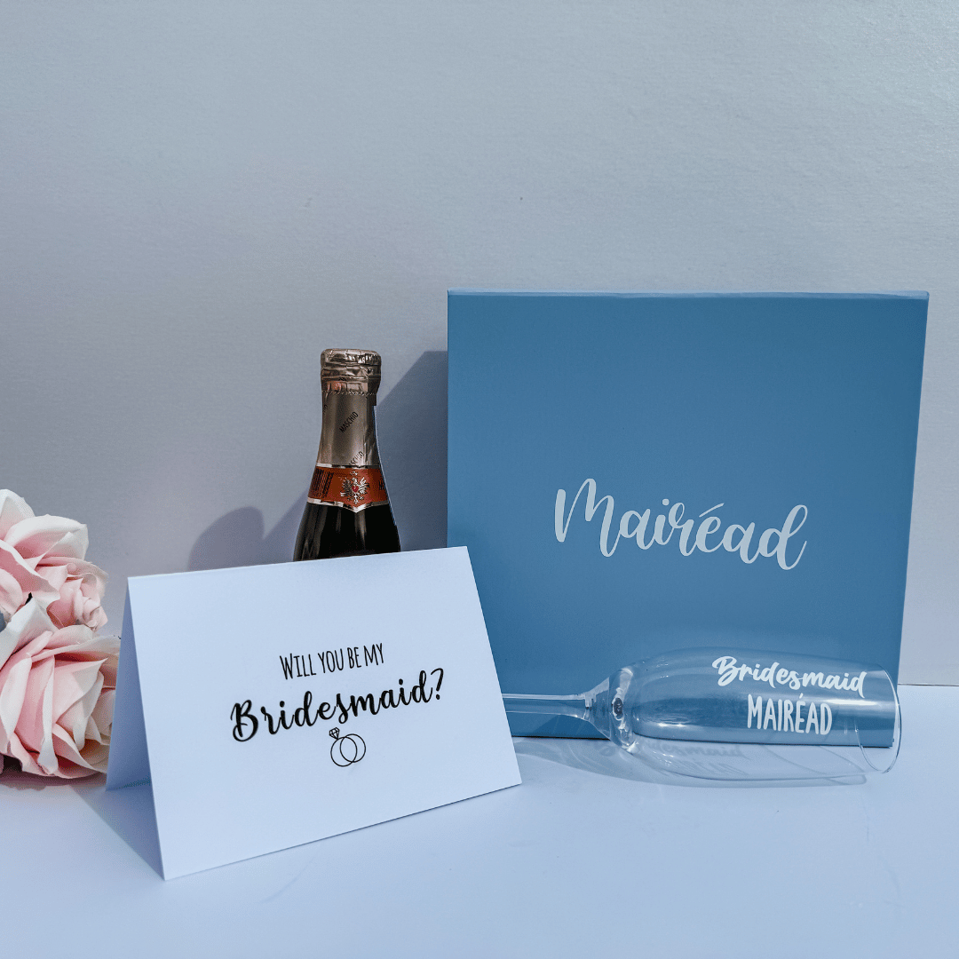 Beautiful “Will You Be My Bridesmaid?” pale blue proposal gift box ready for gifting.