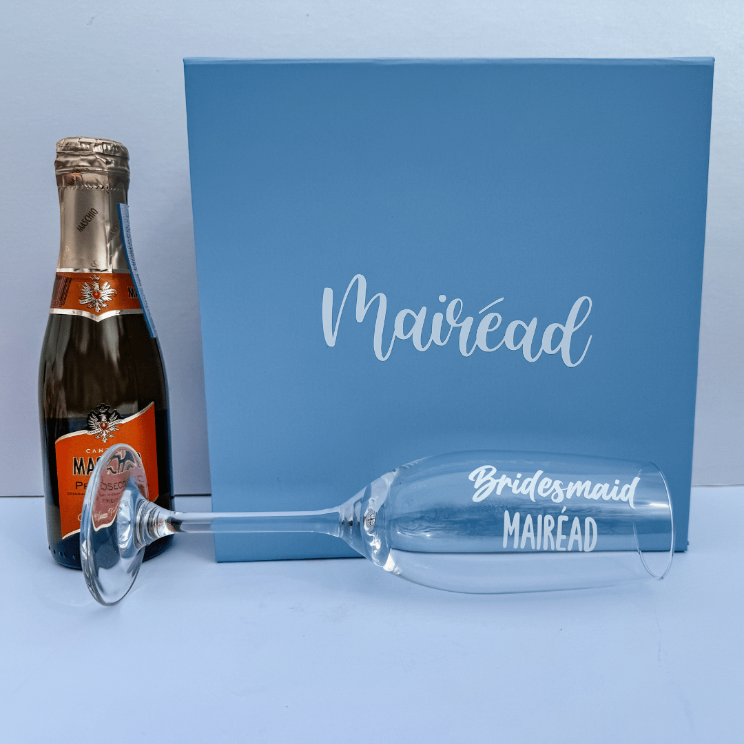 Something Blue bridesmaid proposal gift featuring prosecco, confetti and personalised glassware.