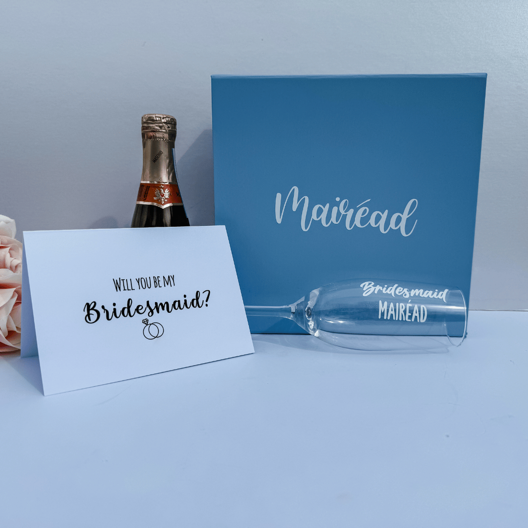 Elegant bridesmaid proposal box inspired by the traditional “something blue” wedding theme.