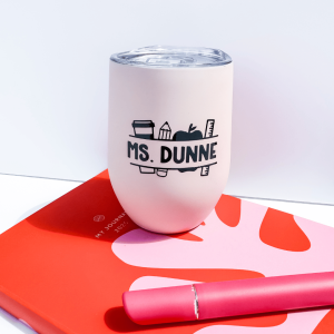 Personalised teacher travel mug with custom teacher name and school icons