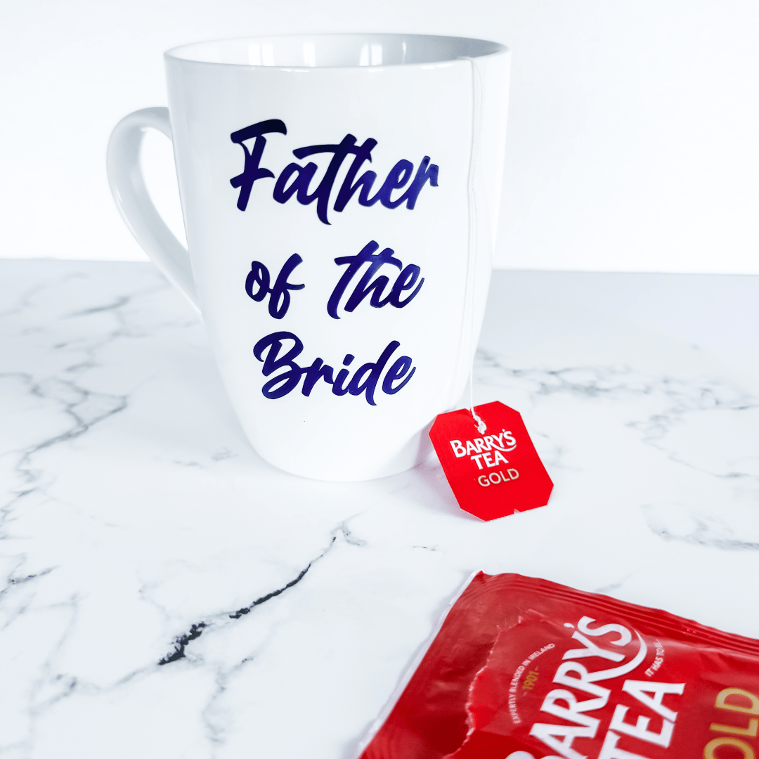 White Father of the Bride mug with stylish script lettering