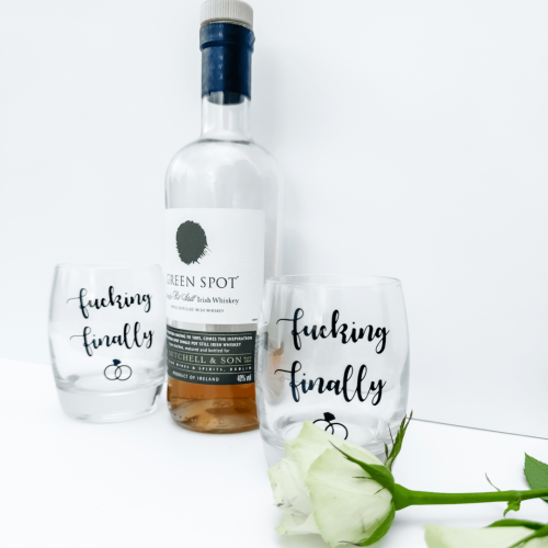 Funny engagement gift glasses with F*cking Finally design for newly engaged couples