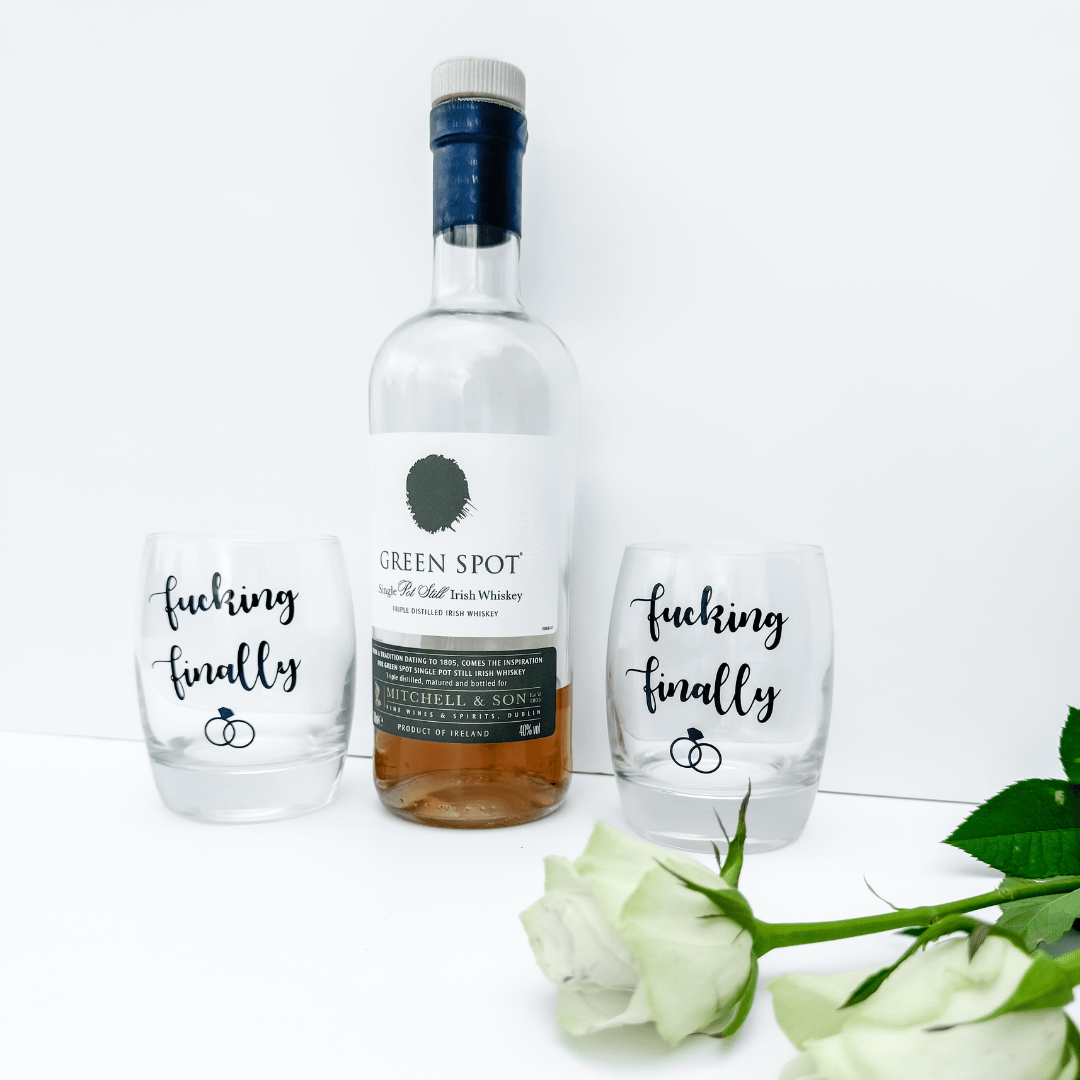 F*cking Finally engagement glasses gift set for engagement celebrations and parties