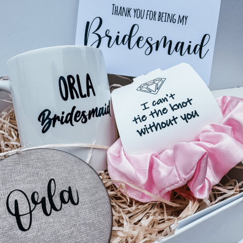 Wedding day thank you gift box for bridesmaids with personalised keepsakes