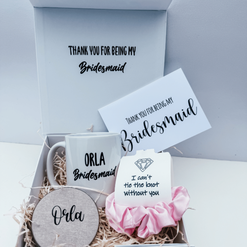Personalised bridesmaid thank you gift box with mug, hair tie and compact mirror
