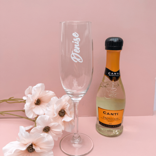 Custom champagne flute personalised with a woman's name